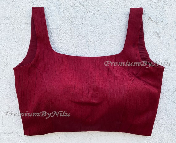 Maroon silk sleeveless readymade saree blouse square neck deep back  openable from back side with hooks and padded