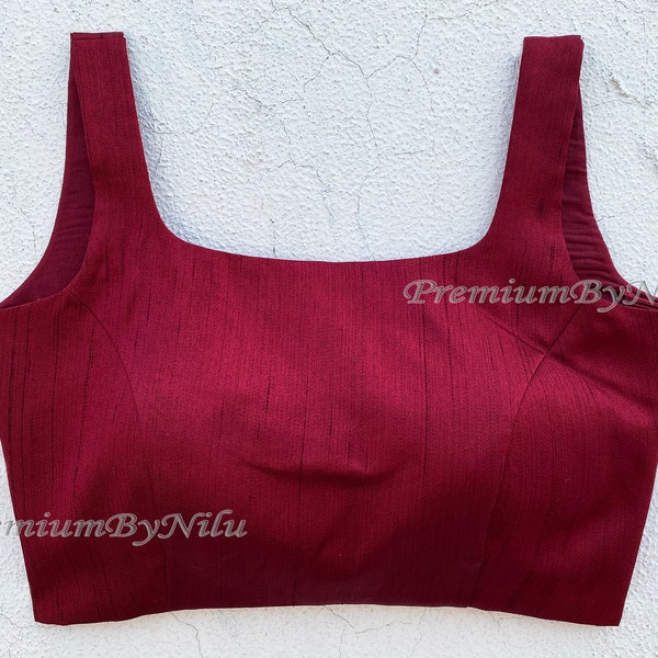 Maroon silk sleeveless readymade saree blouse square neck deep back openable from back side  with hooks and padded