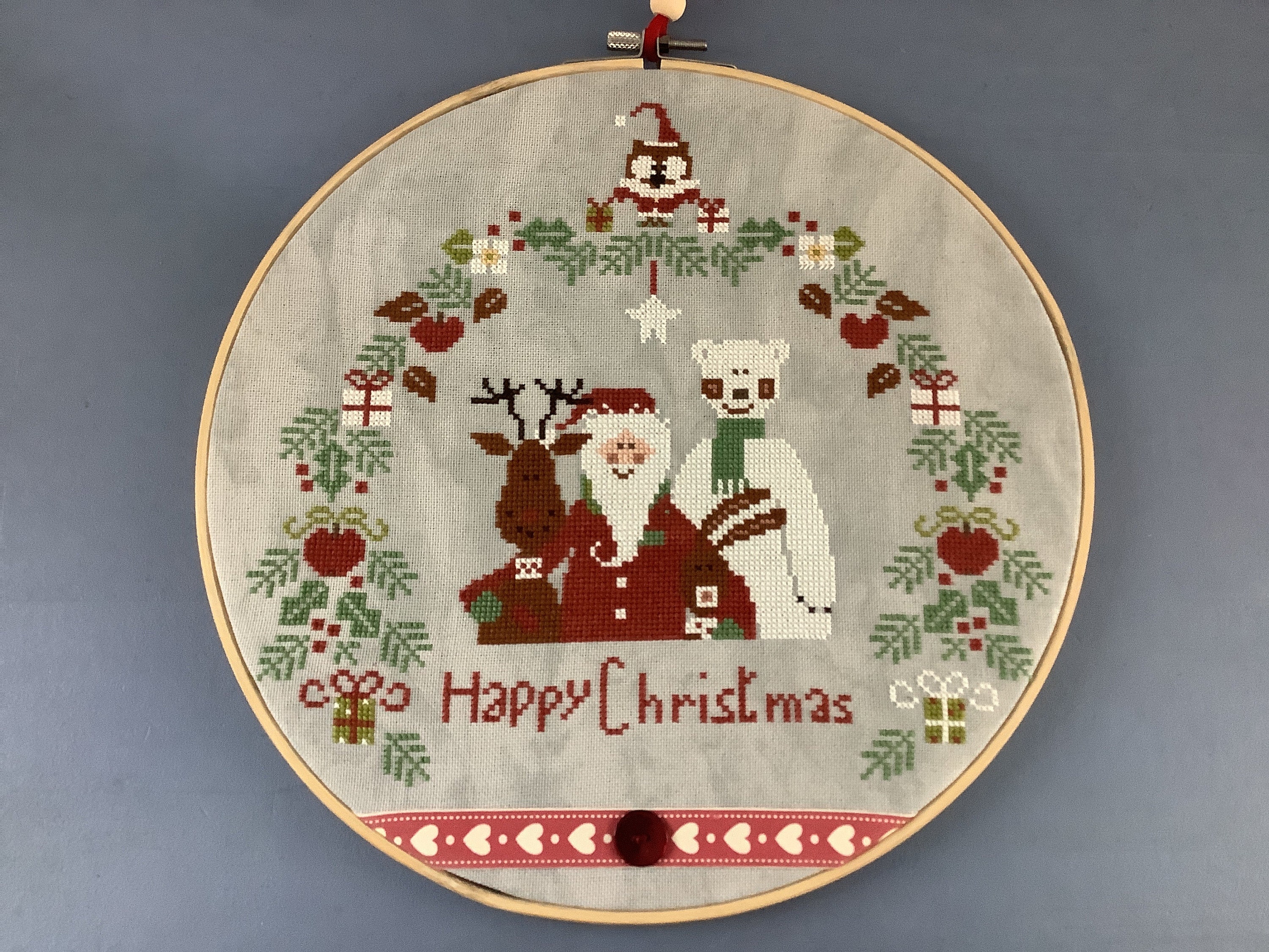 Tambour Brodé Main -Happy Christmas-Décoration de Noël/Cercle à Broder/ Broderie Main