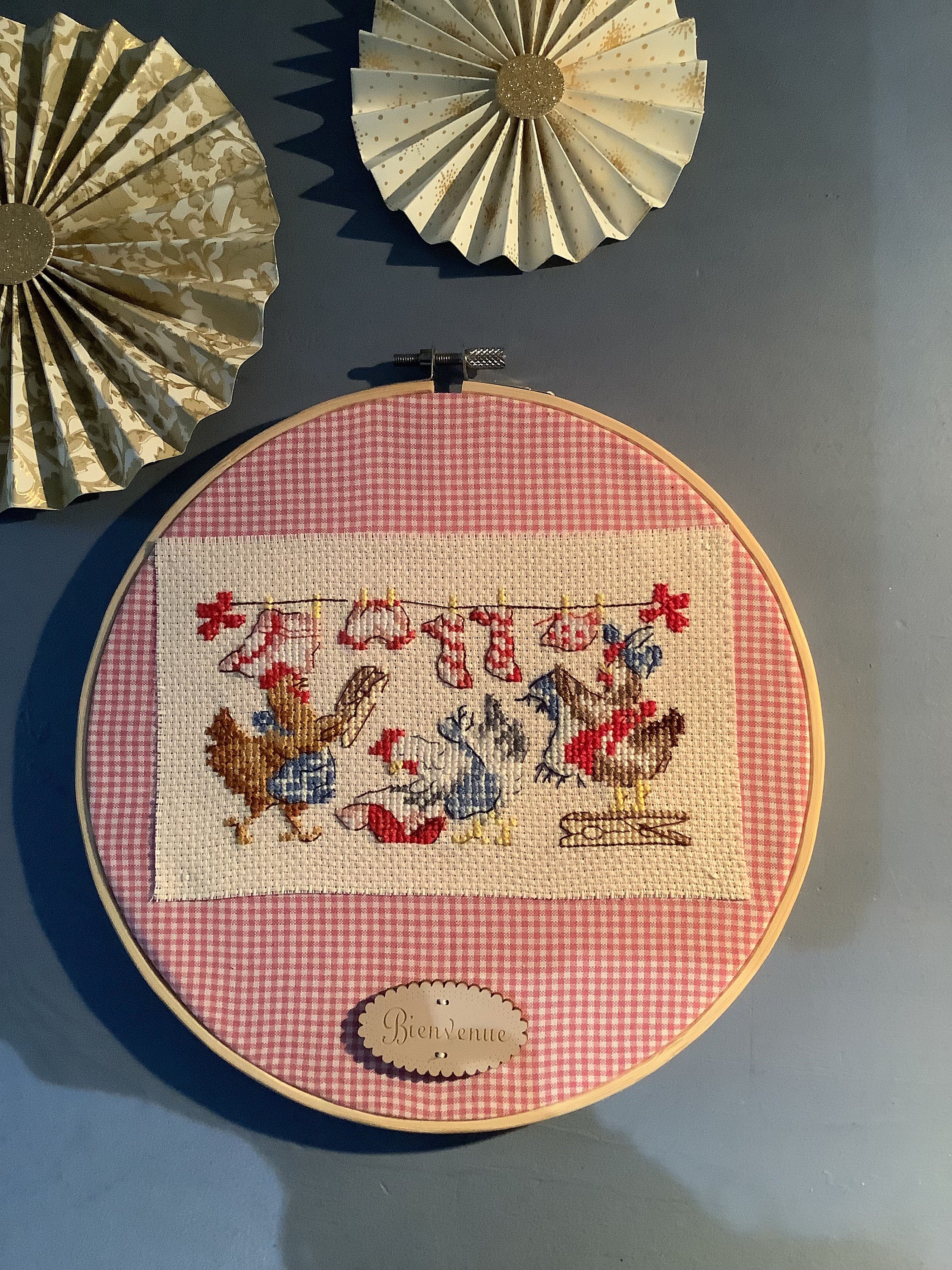 Tambour Brodé Main /Vichy Rouge /Bienvenue /Point de Croix/Cercle à Broder/Broderie Main