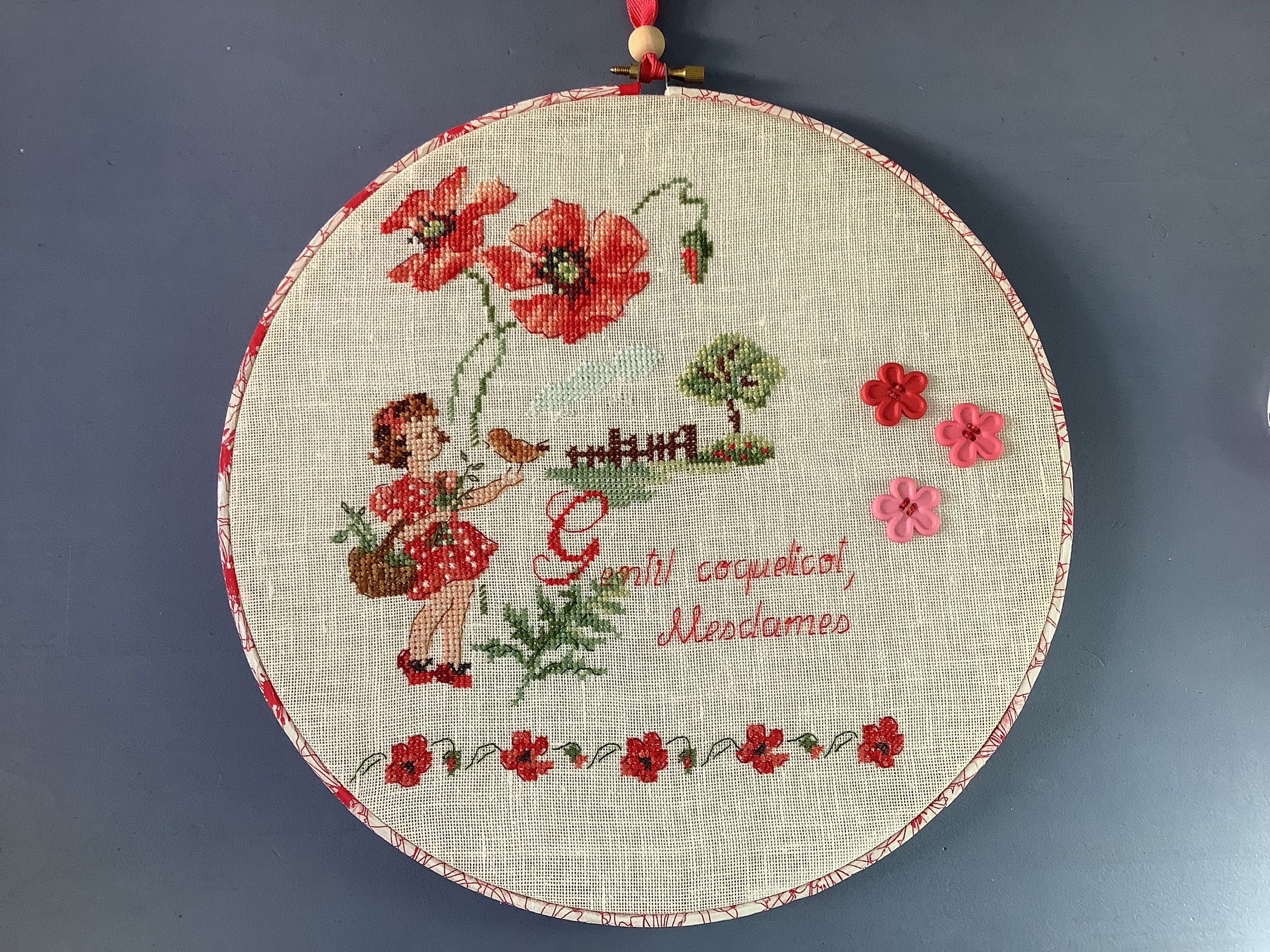 Tambour Brodé Main -Gentils Coquelicots -/Cercle à Broder/Comptine