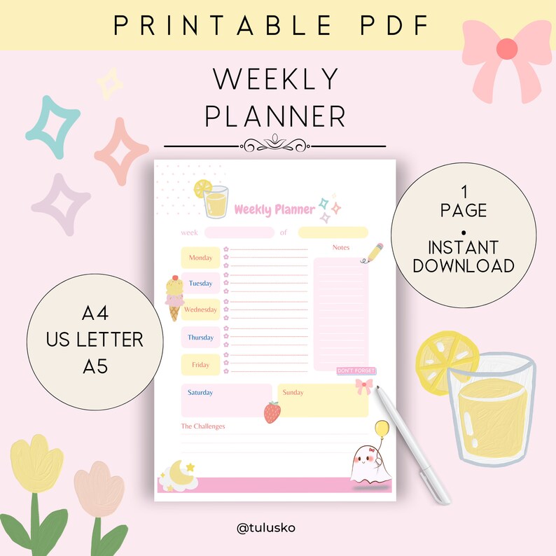 Weekly Planner Cute Printable Digital Undated Weekly Planner Etsy