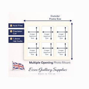 May include: Diagram of a multiple opening photo mount with six apertures. Text includes "Acid Free", "Precision Cut", and "1.4mm High Quality". The text "Multiple Opening Photo Mount" and "Essex Gallery Supplies" are also visible. Made in the UK.