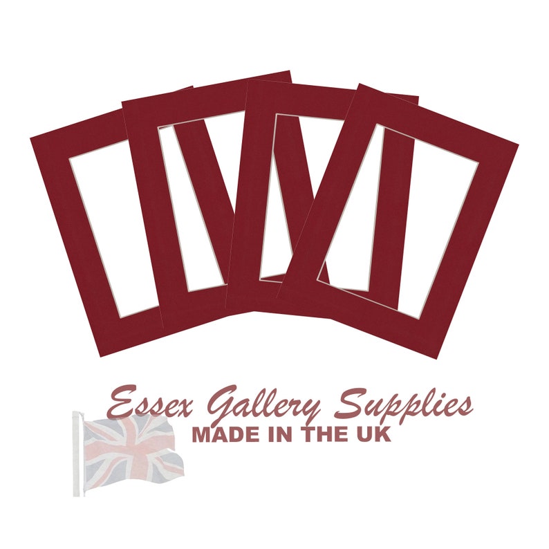 May include: Four red mat boards with white openings for framing photos or artwork. The mat boards are made in the UK.