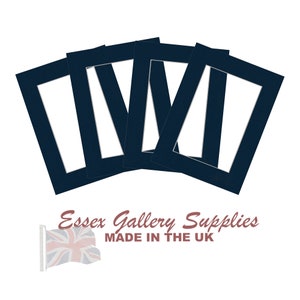 May include: Five navy blue picture mats with white openings. The mats are arranged in a fan shape. The text "Essex Gallery Supplies MADE IN THE UK" is visible at the bottom of the image.