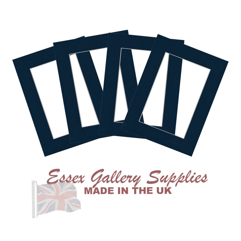 May include: Five navy blue picture mats with white openings. The mats are arranged in a fan shape. The text "Essex Gallery Supplies MADE IN THE UK" is visible at the bottom of the image.