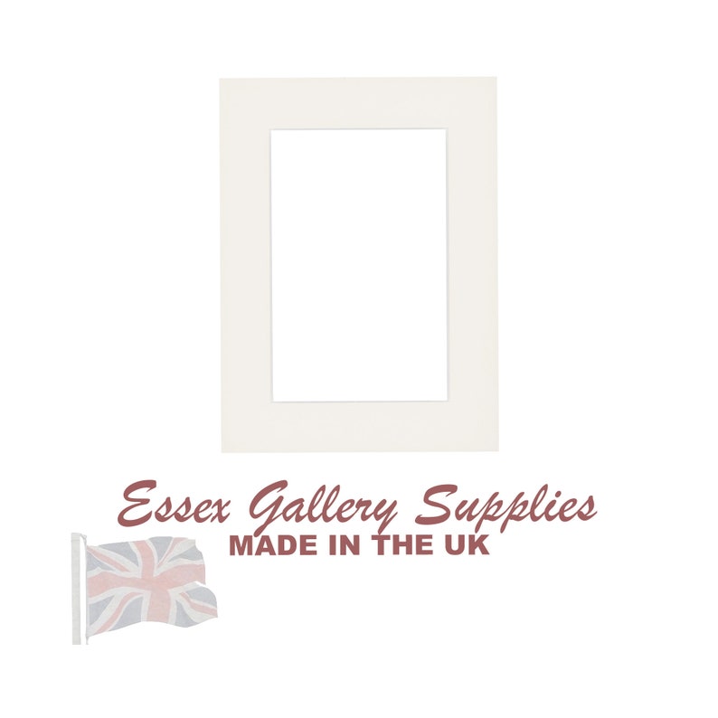 May include: White mat board with a rectangular opening in the center. The mat board is made in the UK by Essex Gallery Supplies.