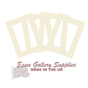 May include: Five off-white mat boards with a rectangular opening in the center. The boards are arranged in a fan shape. The text "Essex Gallery Supplies MADE IN THE UK" is printed below the boards.