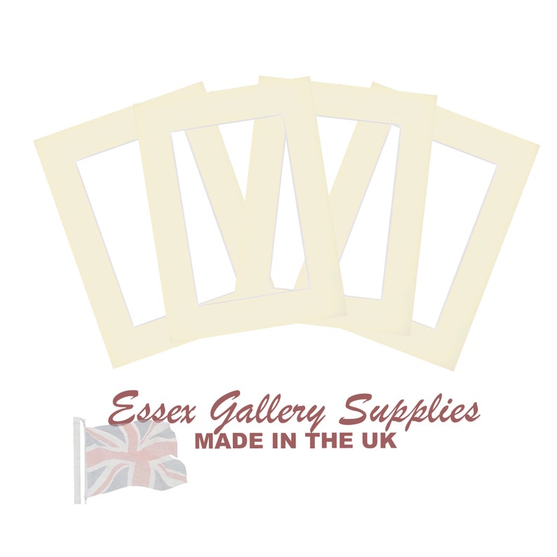 May include: Five off-white mat boards with a rectangular opening in the center. The boards are arranged in a fan shape. The text "Essex Gallery Supplies MADE IN THE UK" is printed below the boards.