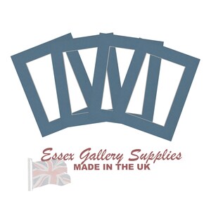 May include: Five blue mounting boards with a white opening in the center. The boards are arranged in a fan shape. The text "Essex Gallery Supplies MADE IN THE UK" is printed below the boards.