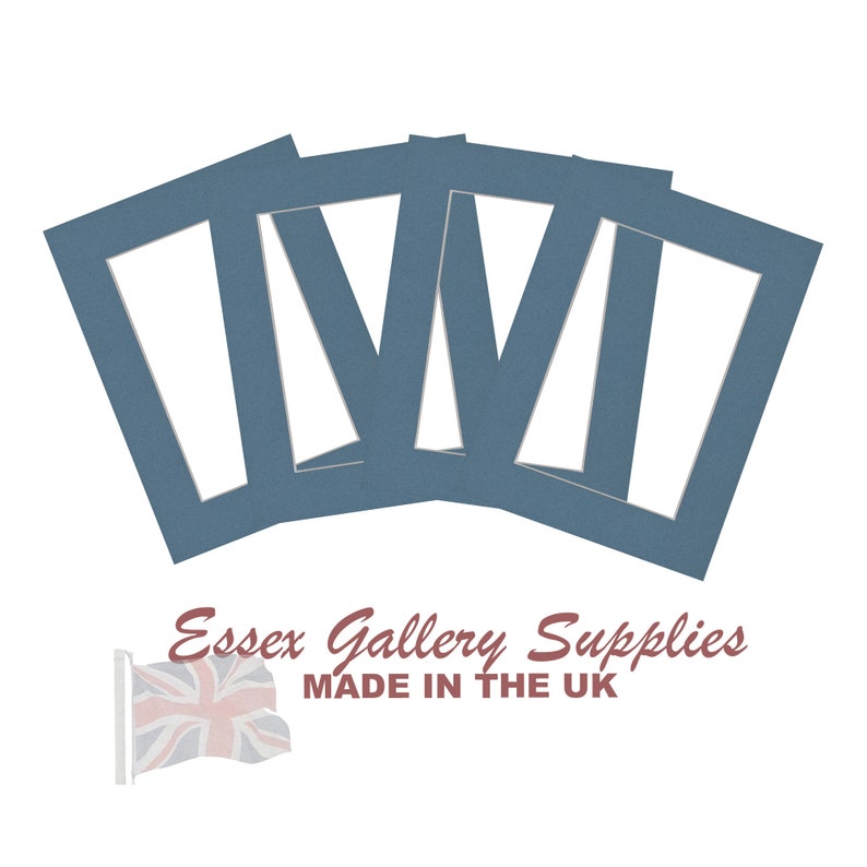 May include: Five blue mounting boards with a white opening in the center. The boards are arranged in a fan shape. The text "Essex Gallery Supplies MADE IN THE UK" is printed below the boards.