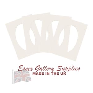 May include: Five white oval-shaped picture mats with a cut-out oval in the centre. The mats are arranged in a fan shape. The text "Essex Gallery Supplies MADE IN THE UK" is printed in brown at the bottom of the image.