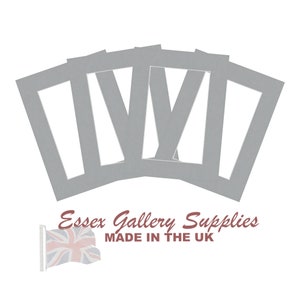 May include: A pack of five gray picture mats with a rectangular opening in the center. The mats are made by Essex Gallery Supplies and are made in the UK.