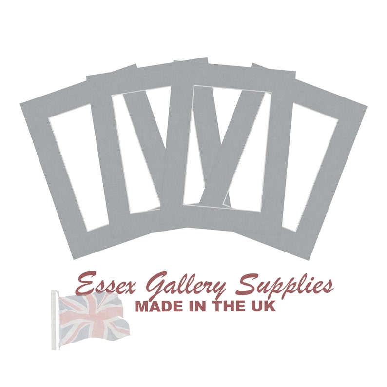 May include: A pack of five gray picture mats with a rectangular opening in the center. The mats are made by Essex Gallery Supplies and are made in the UK.