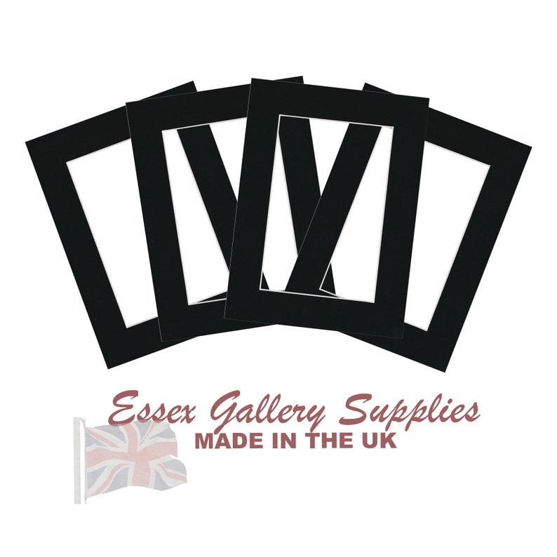 May include: Four black mat boards with white openings for framing photos or artwork. The mats are made by Essex Gallery Supplies and are made in the UK.