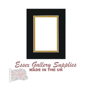 May include: Black mount board with a gold coloured inner frame. The mount board is for framing artwork or photos. The mount board is made in the UK.
