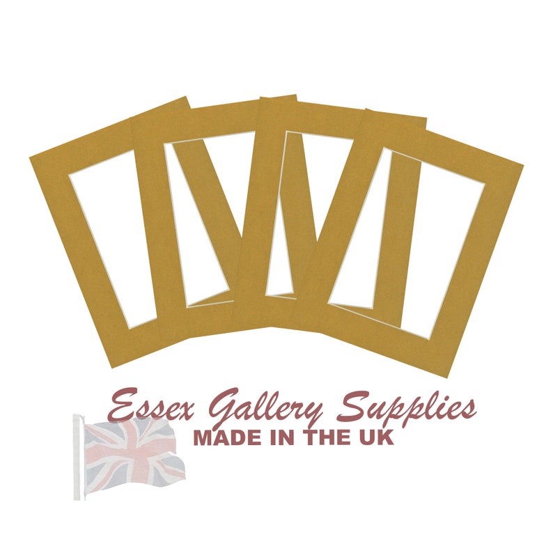 May include: Five brown mounting boards with a rectangular opening in the center. The boards are arranged in a fan shape. The text "Essex Gallery Supplies MADE IN THE UK" is visible at the bottom of the image.