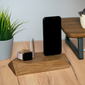 2-in-1 Charging Station for iPhone, Wood Apple Watch Charger, iWatch Docking Station, Wooden Phone Stand, Home Office Decor, Gift for Him