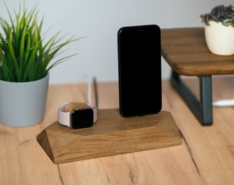 2-in-1 Charging Station for iPhone, Wood Apple Watch Charger, iWatch Docking Station, Wooden Phone Stand, Home Office Decor, Gift for Him