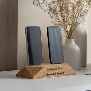 Personalized Dual Docking Station, Wooden Double Phone Charger & Desk Organizer, Engraved Gift for Men, Work From Home Office Accessory