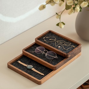 Handmade Wooden Catch All Tray Bundle: Stackable Storage Jewelry, Modular Desk Accessories, Natural Wood Office Organizer