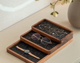 Handmade Wooden Catch All Tray Bundle: Stackable Storage Jewelry, Modular Desk Accessories, Natural Wood Office Organizer