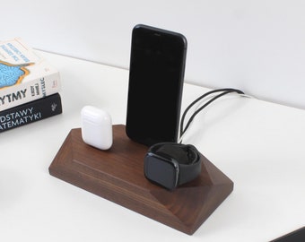 トリプル充電ステーション、3-1ドッキングステーションAppleスマートウォッチ充電器、木製充電ドック、ユニークなデスクアクセサリー、彼へのプレゼントに最適