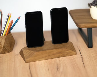 Wooden Dual Charging Station | Double IPhone Docking Station | Wood Phone Desk Organizer | Dual Slot Android Charger | Family Charging Stand