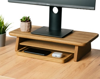 Solid Wood Monitor Stand / Wood Desk Shelf Organizer/ Computer Desk Riser/ Space Saving Desk/ Minimalist Desk Decor/ Office Desk Accessories