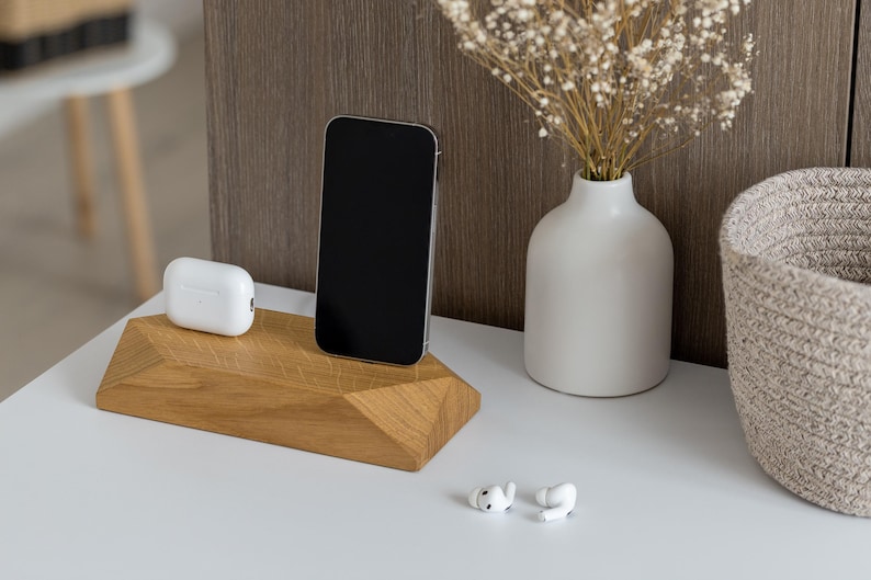 Wooden Dual Charging Station, Double IPhone Docking Station, Wood Phone Desk Organizer, Two Slot Android Charger, Family Accessories Stand