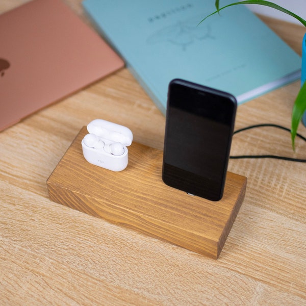 Wooden Dual Docking Station | Elegant Two Device Charging Dock | Geometric Smart Phone Charger | Minimalist Office Desk Organiser