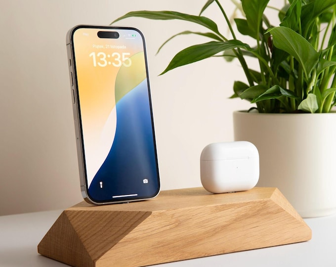 Wooden Dual Charging Station, Double IPhone Docking Station, Wood Phone Desk Organizer, Two Slot Android Charger, Family Accessories Stand