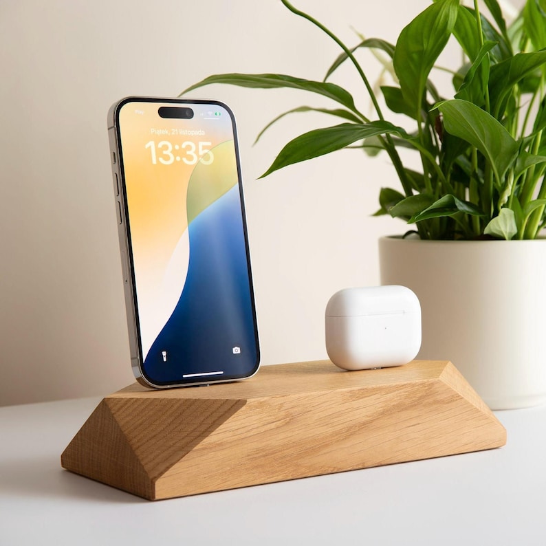 Wooden Dual Charging Station, Double IPhone Docking Station, Wood Phone Desk Organizer, Two Slot Android Charger, Family Accessories Stand