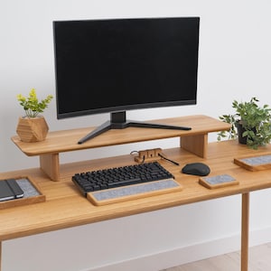 Wooden Dual Desk Shelf, Desktop Monitor Stand, Solid Wood Organizer, Ergonomic Office Storage, Large Display Riser, Monitor Accessories