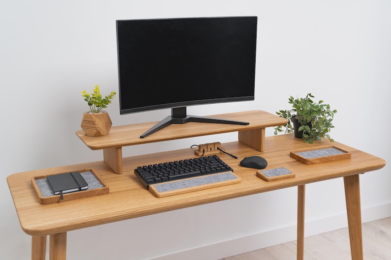 Wooden Dual Desk Shelf, Desktop Monitor Stand, Solid Wood Organizer, Ergonomic Office Storage, Large Display Riser, Monitor Accessories