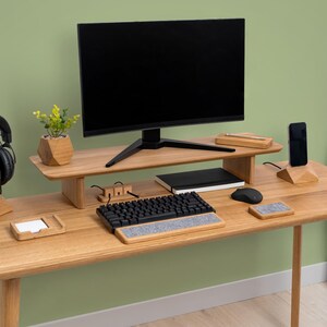 Wooden Dual Desk Shelf, Desktop Monitor Stand, Solid Wood Organizer, Ergonomic Office Storage, Large Display Riser, Monitor Accessories