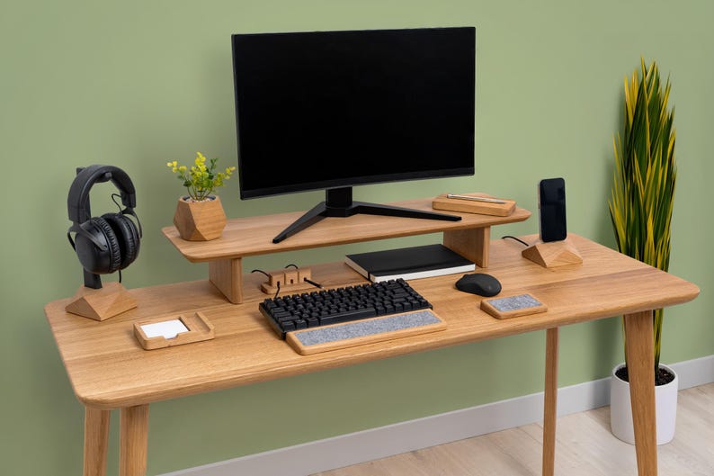 Wooden Dual Desk Shelf, Desktop Monitor Stand, Solid Wood Organizer, Ergonomic Office Storage, Large Display Riser, Monitor Accessories