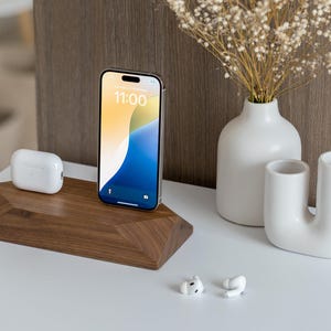 Wooden Dual Charging Station, Double IPhone Docking Station, Wood Phone Desk Organizer, Two Slot Android Charger, Family Accessories Stand