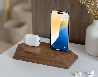 Duale Dockingstation aus Holz, doppelte Beleuchtung / USB-C-Ladestation, kombiniertes IPhone-IPods-Ladegerät, Schreibtischeinrichtung aus Holz, einzigartiges Zubehör für Männer