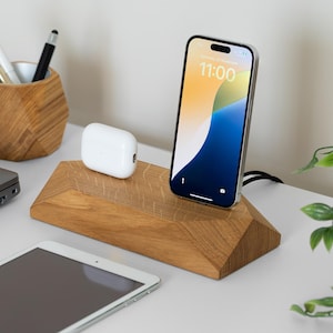 Wooden Dual Charging Station, Double IPhone Docking Station, Wood Phone Desk Organizer, Two Slot Android Charger, Family Accessories Stand