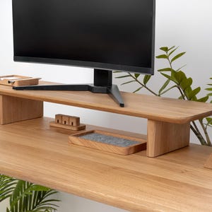 Wooden Dual Desk Shelf, Desktop Monitor Stand, Solid Wood Organizer, Ergonomic Office Storage, Large Display Riser, Monitor Accessories
