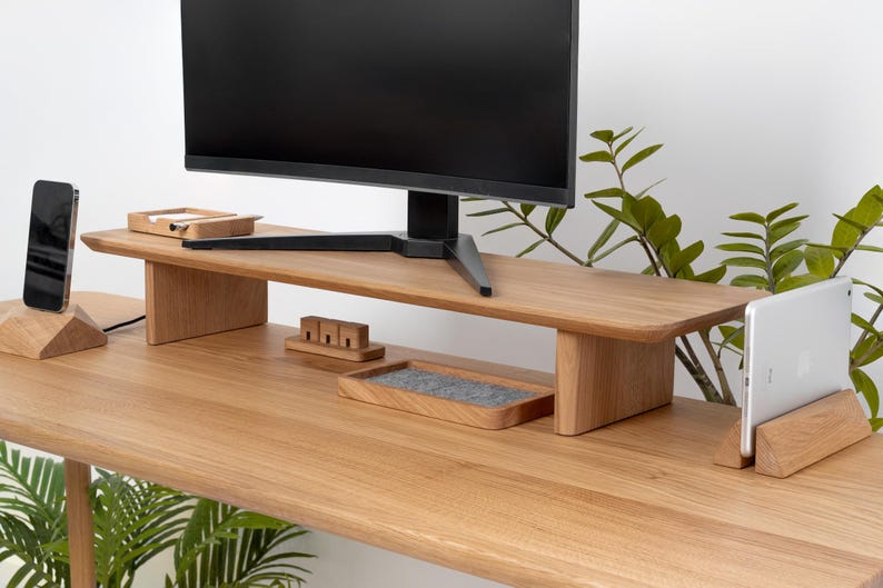 Wooden Dual Desk Shelf, Desktop Monitor Stand, Solid Wood Organizer, Ergonomic Office Storage, Large Display Riser, Monitor Accessories