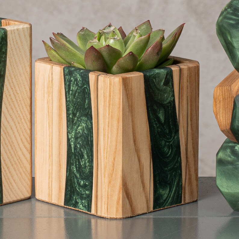 Wooden Planter With Epoxy Resin Flower Pot Made of Wood Etsy