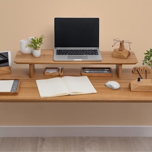 Wooden Dual Desk Shelf, Desktop Monitor Stand, Solid Wood Organizer, Ergonomic Office Storage, Large Display Riser, Monitor Accessories