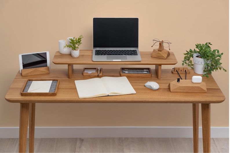 Wooden Dual Desk Shelf, Desktop Monitor Stand, Solid Wood Organizer, Ergonomic Office Storage, Large Display Riser, Monitor Accessories