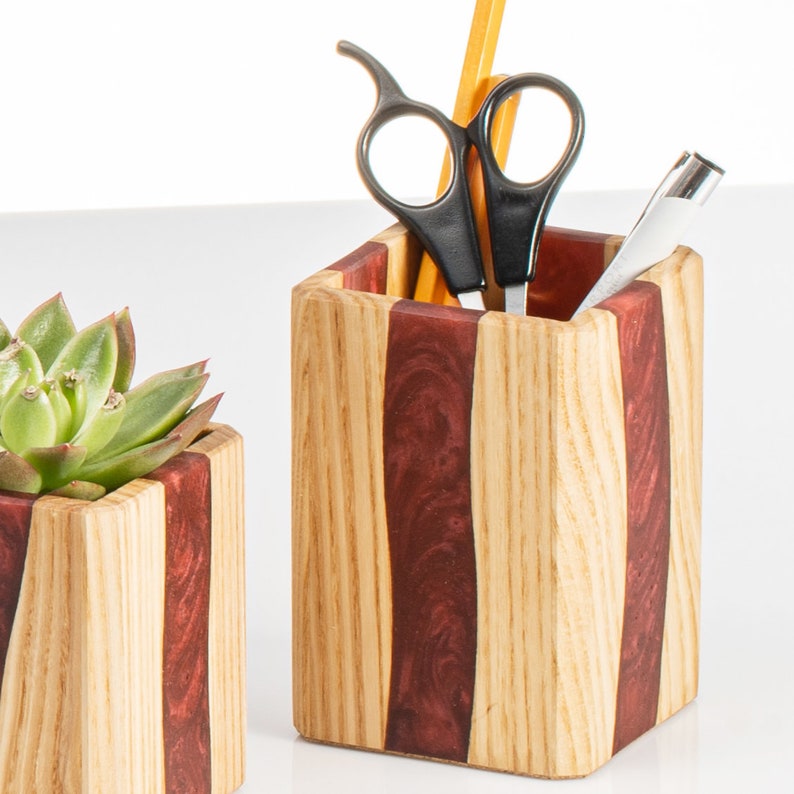 Wooden pencil holder with BLUE epoxy resin Pen cup made of Etsy