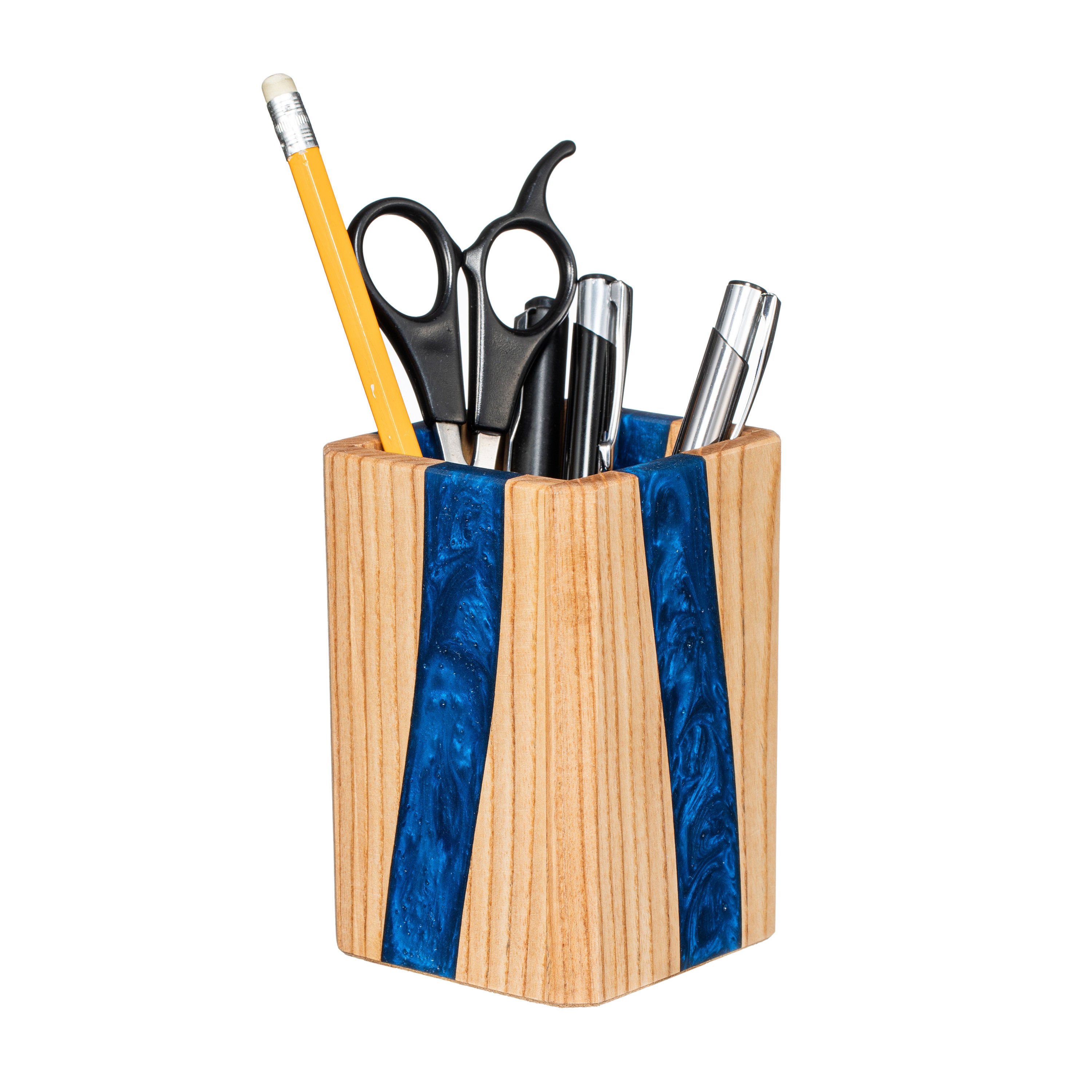 Wooden pencil holder with BLUE epoxy resin Pen cup made of Etsy