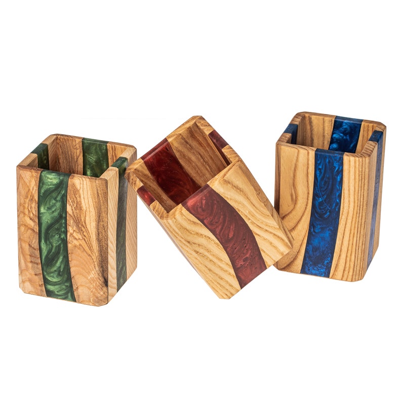 Wooden pencil holder with BLUE epoxy resin Pen cup made of Etsy