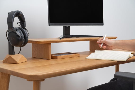 Wooden Dual Desk Shelf, Desktop Monitor Stand, Solid Wood Organizer, Ergonomic Office Storage, Large Display Riser, Monitor Accessories