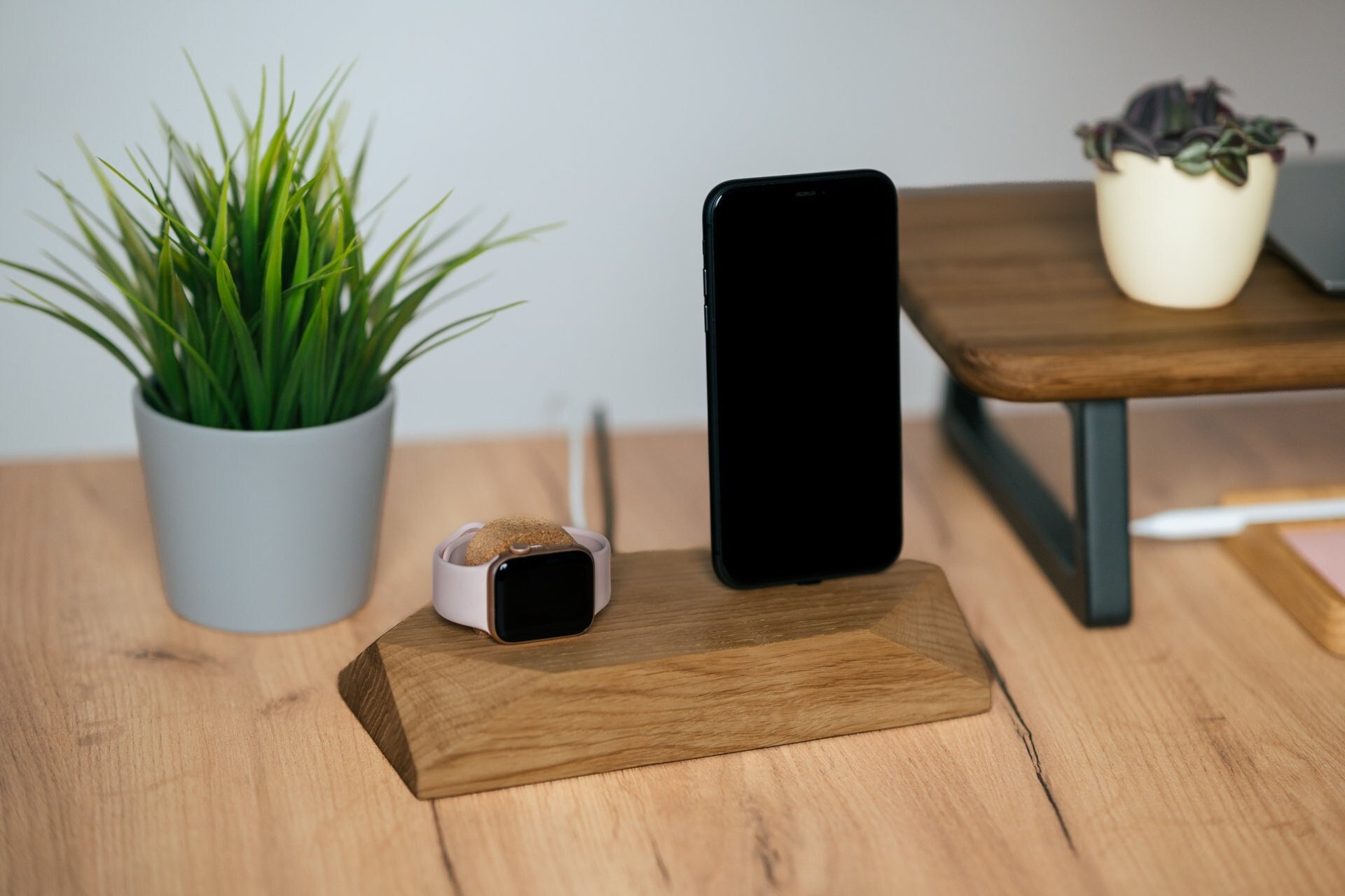 2-in-1 Charging Station for iPhone, Wood Apple Watch Charger, iWatch Docking Station, Wooden Phone Stand, Home Office Decor, Gift for Him